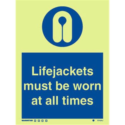 Photoluminscent- Life Jackets Must Be Worn At All Time Sign